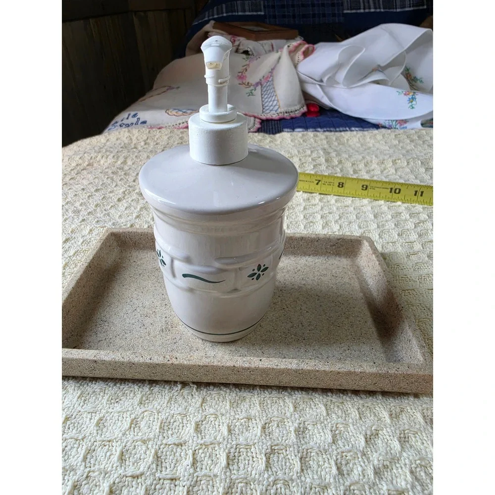 Longaberger Pottery Woven Traditions Ivory Soap Dispenser and Tray Set Green